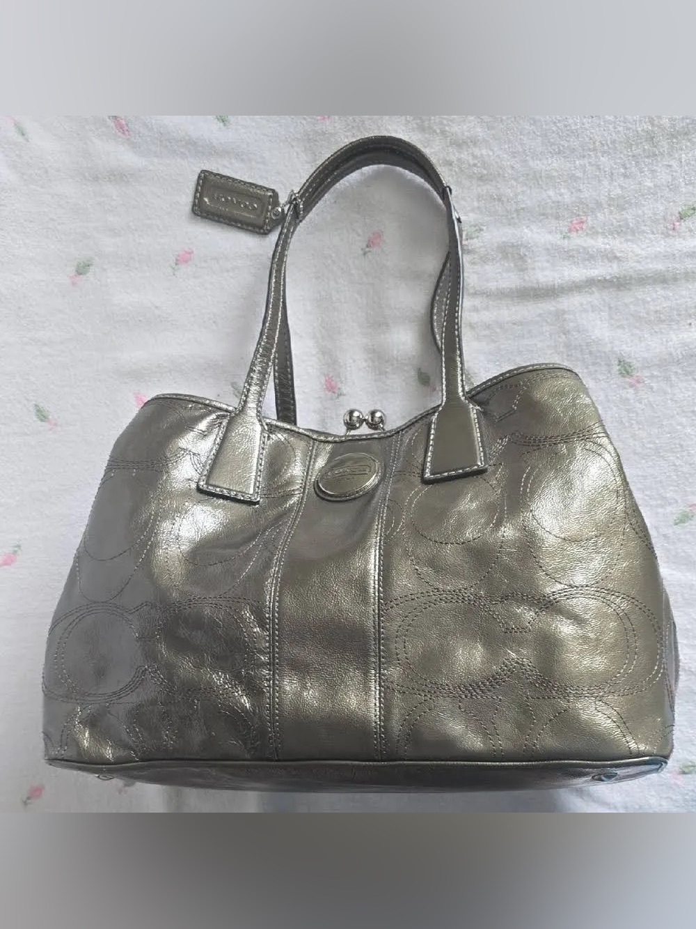 Coach Metallic Kisslock Signature Stitched Patent Carryall Early 2000s